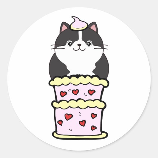 Sticker Rond Drôle chat gras sautant d'un gâteau (Devant)