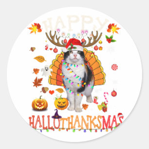 Sticker Rond Drôle Chat Halloween Noël Chat Happy Hallomerci