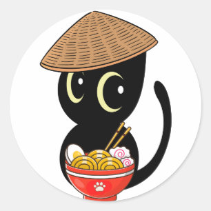 Sticker Rond Drôle chat noir mange des nouilles