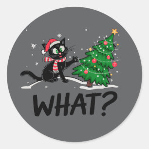Sticker Rond Drôle Chat Noir Poussant Arbre De Noël Chat Quoi ?
