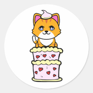 Sticker Rond Drôle chat orange sautant d'un gâteau