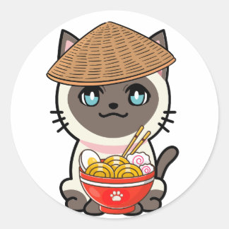 Sticker Rond Drôle chat siamois mange des nouilles