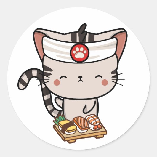 Sticker Rond Drôle chat tabby est un chef sushi (Devant)