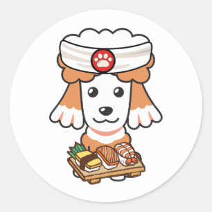 Sticker Rond Drôle chien brun est un chef sushi