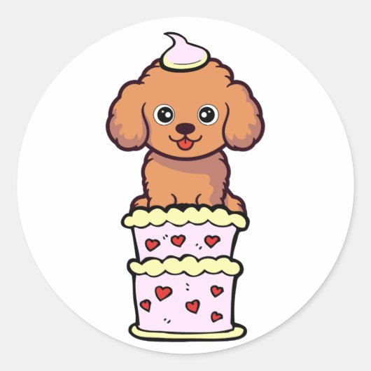 Sticker Rond Drôle chien brun sautant d'un gâteau (Devant)