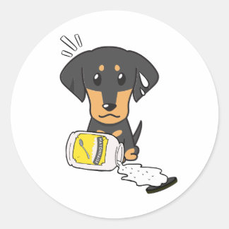 Sticker Rond Drôle chien dachshund renversé mayonnaise