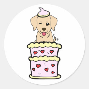 Sticker Rond Drôle chien d'extraction sautant hors d'un gâteau