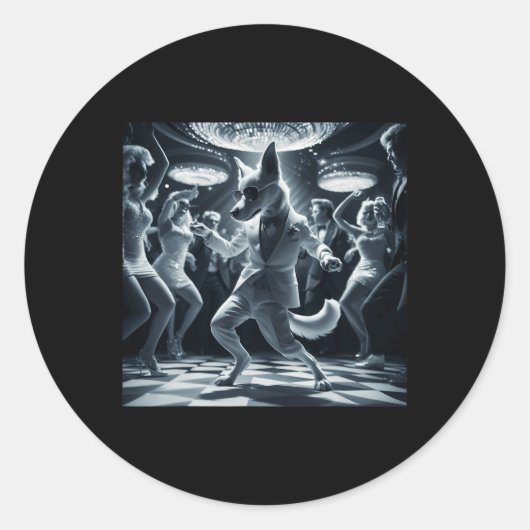 Sticker Rond Drôle Chien Graphique Tee Disco Danser (Devant)