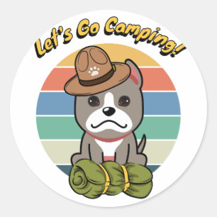 Sticker Rond Drôle chien gris veut aller camper