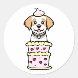 Sticker Rond Drôle chien heureux sautant d'un gâteau