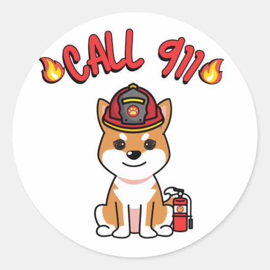 Sticker Rond Drôle chien orange est pompier (Devant)