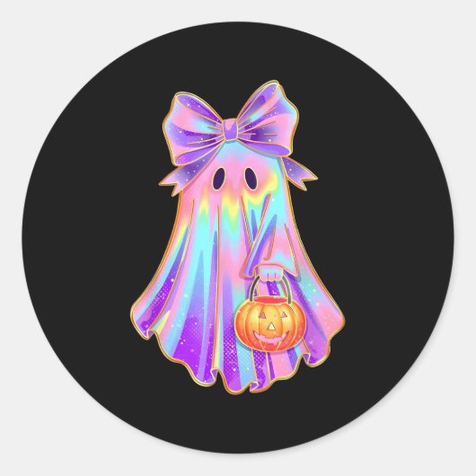Sticker Rond Drôle Coquette Bow Ghost Citrouille Halloween Soky (Devant)