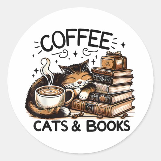 Sticker Rond Drôle Cute Coffee Cats Livres Lover Idea Cadeau Fe (Devant)