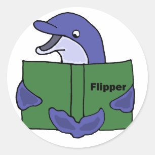 Sticker Rond Drôle Dauphin Lecture Caricature