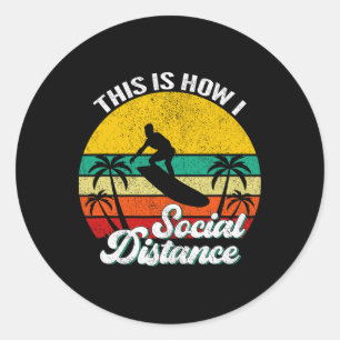 Sticker Rond Drôle de coucher de soleil rétro vintage surf surf