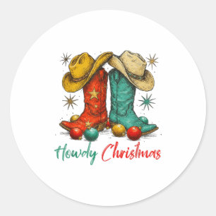 Sticker Rond Drôle de Country Western Noël Howdy Bottes de Cowb