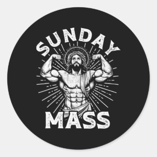 Sticker Rond Drôle de dimanche chrétien M Bodybuilder Gym Jésus