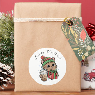 Sticker Rond Drôle de Meowy Noël Chat Café Glacé Grand Rond 