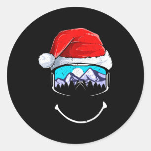 Sticker Rond Drôle de montagne de ski chapeau de père noël joye