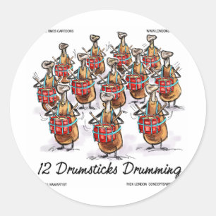 Sticker Rond Drôle de Noël 12 Baguettes de Tambour Cadeaux et T