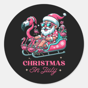 Sticker Rond Drôle de Noël en juillet Été Santa Flamant Rose Lu