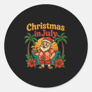 Sticker Rond Drôle de Noël en juillet Santa Bea d'été patriotiq
