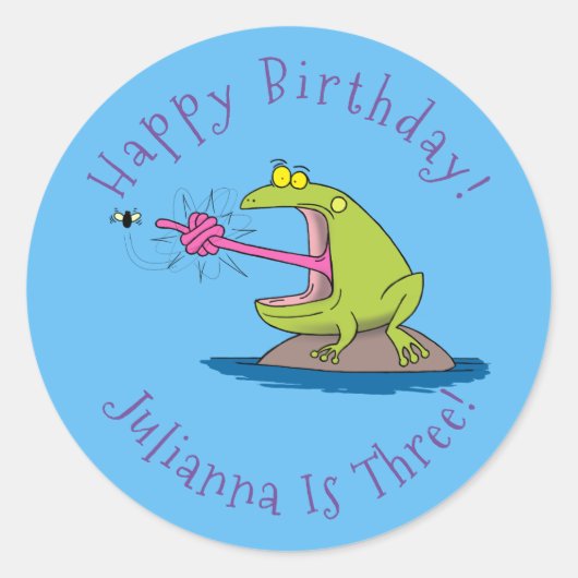Sticker Rond Drôle dessin animé de grenouille et mouche (Devant)