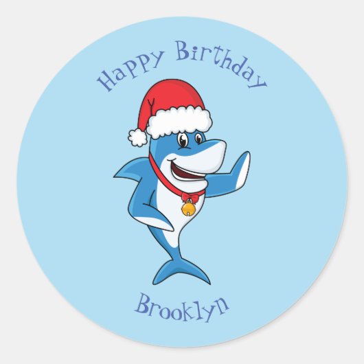 Sticker Rond Drôle dessin animé de requin de Noël (Devant)
