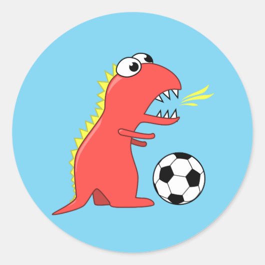 Sticker Rond Drôle Dinosaure Dessin Jouer Au Football (Devant)
