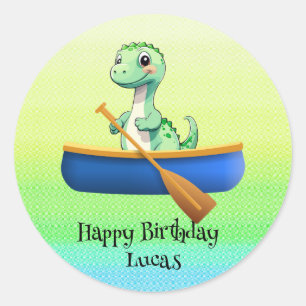 Sticker Rond Drôle dinosaure Kayak voile fête d'anniversaire