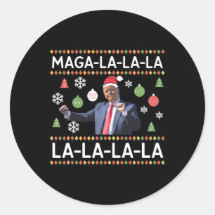 Sticker Rond Drôle Donald Trump, laide pull Noël. La La La