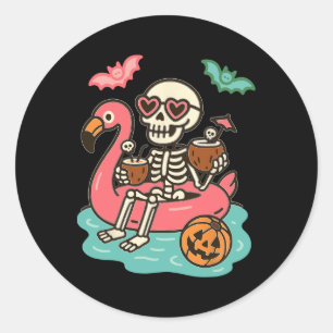 Sticker Rond Drôle Été Squelette Flottant Dans La Coupe De Flam
