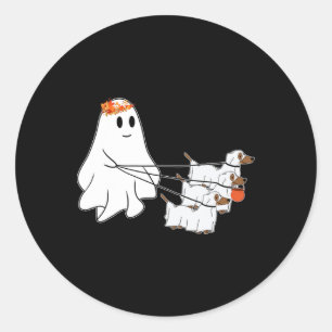 Sticker Rond Drôle Fantôme Marcher Avec Trois Chiens Halloween