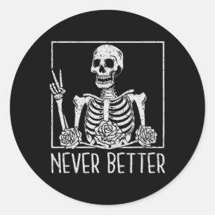 Sticker Rond Drôle Floral Halloween Squelette Boire Café Ne