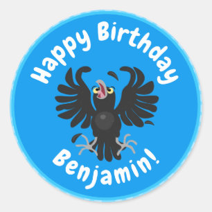 Sticker Rond Drôle fou corbeau dessin animé de corbeau de corne