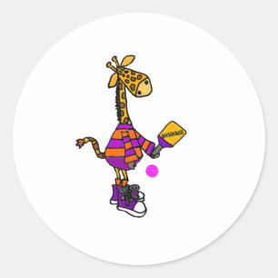 Sticker Rond Drôle Giraffe Jouer Pickleball