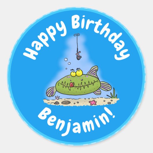 Sticker Rond Drôle gras affamé poisson vert dessin de pêche (Devant)