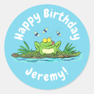 Sticker Rond Drôle grenouille verte avec dessin de mouches