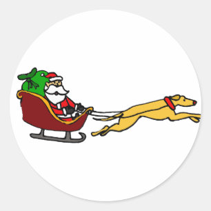 Sticker Rond Drôle Greyhound Pulling Christmas Sleigh
