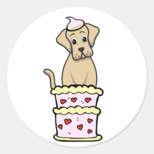 Sticker Rond Drôle gros chien sautant d'un gâteau