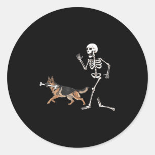 Sticker Rond Drôle Halloween berger allemand et squelette
