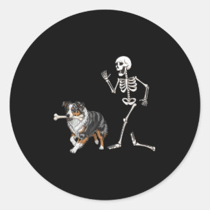 Sticker Rond Drôle Halloween Berger Australien Et Squelette