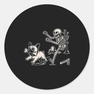Sticker Rond Drôle Halloween Français Bulldog Skeleton Soky Sea
