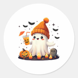 Sticker Rond Drôle Halloween mignon Fantôme Boire Café de glace