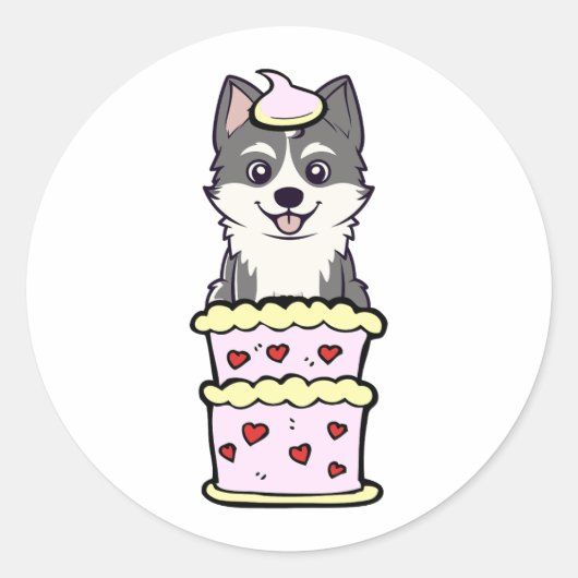 Sticker Rond Drôle husky sautant d'un gâteau (Devant)