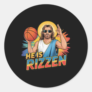 Sticker Rond Drôle Il Est Rizzen Jesus Chemise Basketball Garço