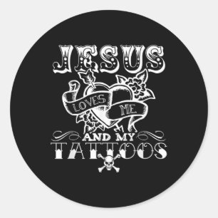 Sticker Rond Drôle Jésus m'aime et mes tatouages