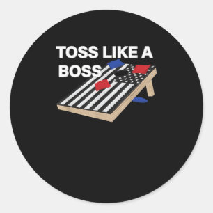 Sticker Rond Drôle Jeu comme Boss Cornhole Concours US Drapeau
