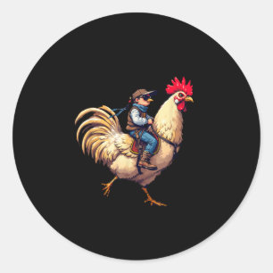 Sticker Rond Drôle Jockey Pixel Riding Jockey Poulet Sur Un Chi