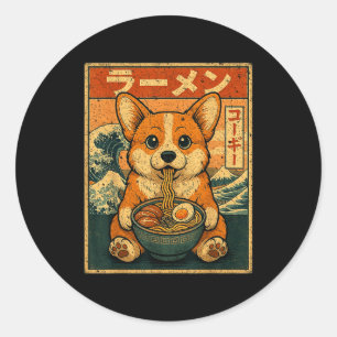 Sticker Rond Drôle Kawaii Ramen Corgi Nouilles Japonaises Corgi